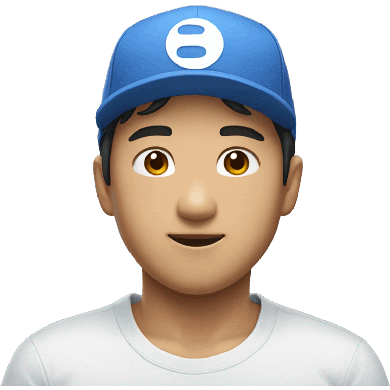 A handsome Asian boy wearing a blue short sleeve shirt and a white cap hat upside down emoji