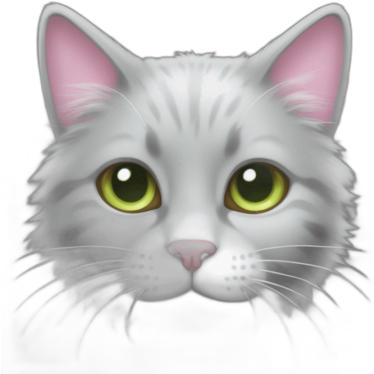 fluffy dark grey cat, small ears, pink nosel, light green eyes, white long whiskers, white spots near the nose, white breast, the cat's fur is soft. emoji