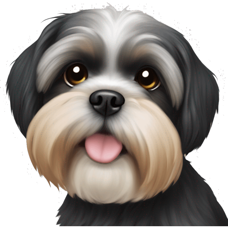 Shih tzu black puppy, yorkie coloring with light colored eyebrows. Round face, short ears. Looks like teddy bear  emoji