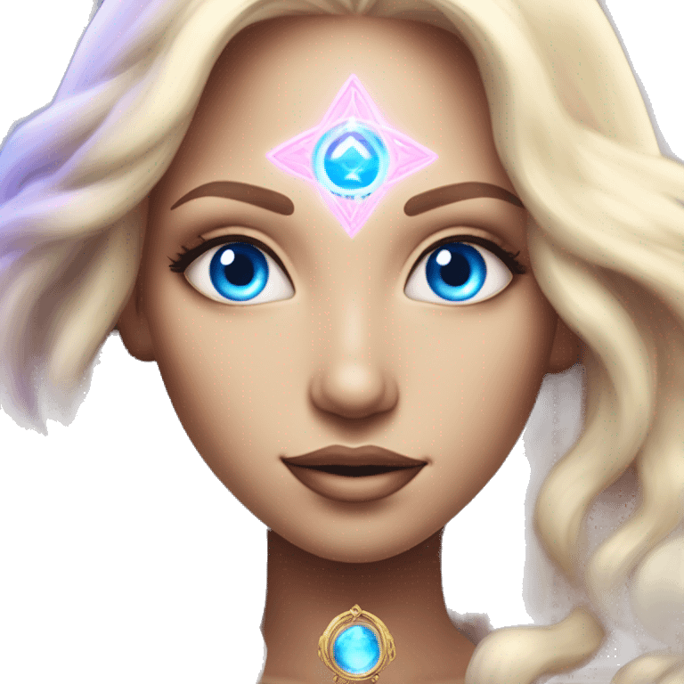 magical diva with thin pink andromedan face long blonde hair and blue eyes glowing third eye emoji