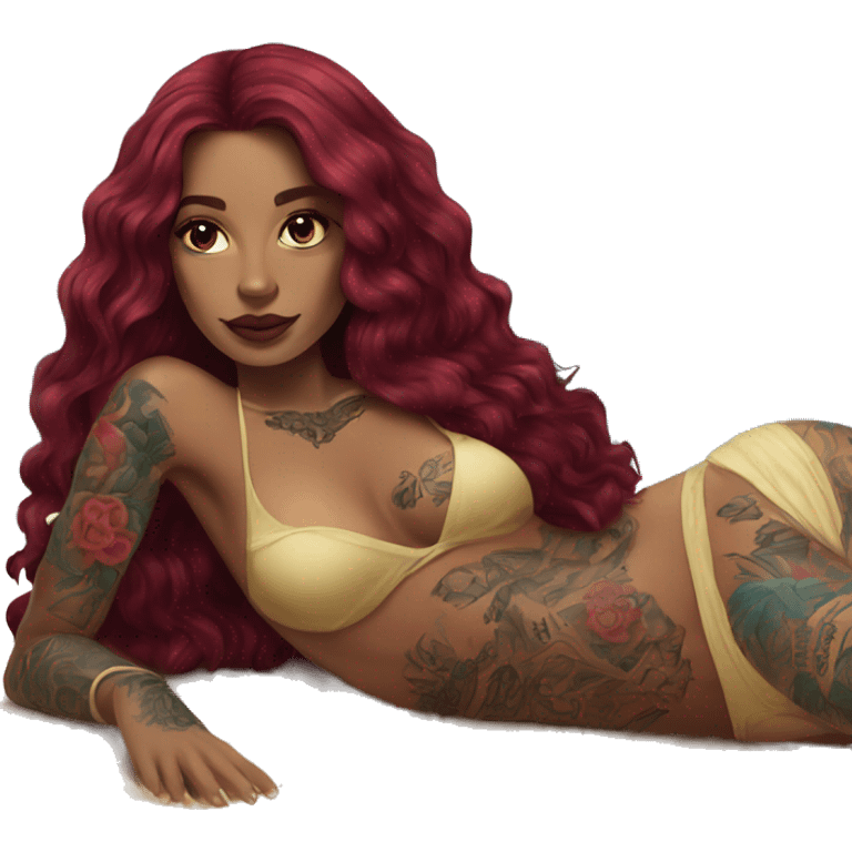 Beautiful tattooed burgundy long haired woman laying on the beach emoji