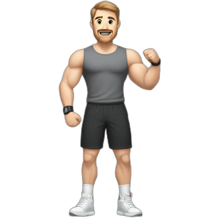 Full height Actively gesturing with hands Pale skinned Fit Man With the biceps and brown hair in dark gray Sleeveless Mike, black oversize sports shorts, watch and white Sneakers emoji