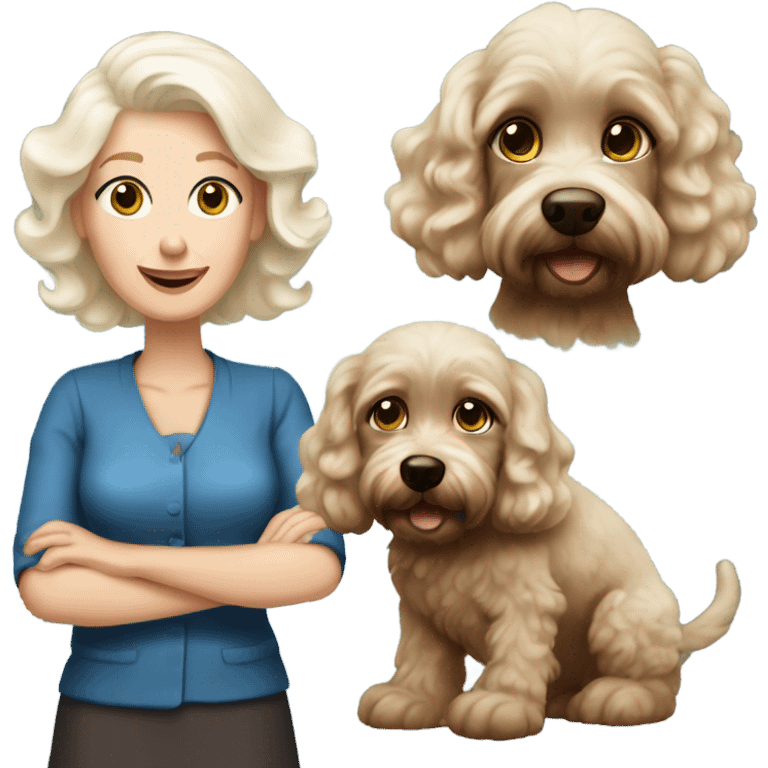 blue eyed old blonde lady with dark brown Cockapoo puppy dog emoji