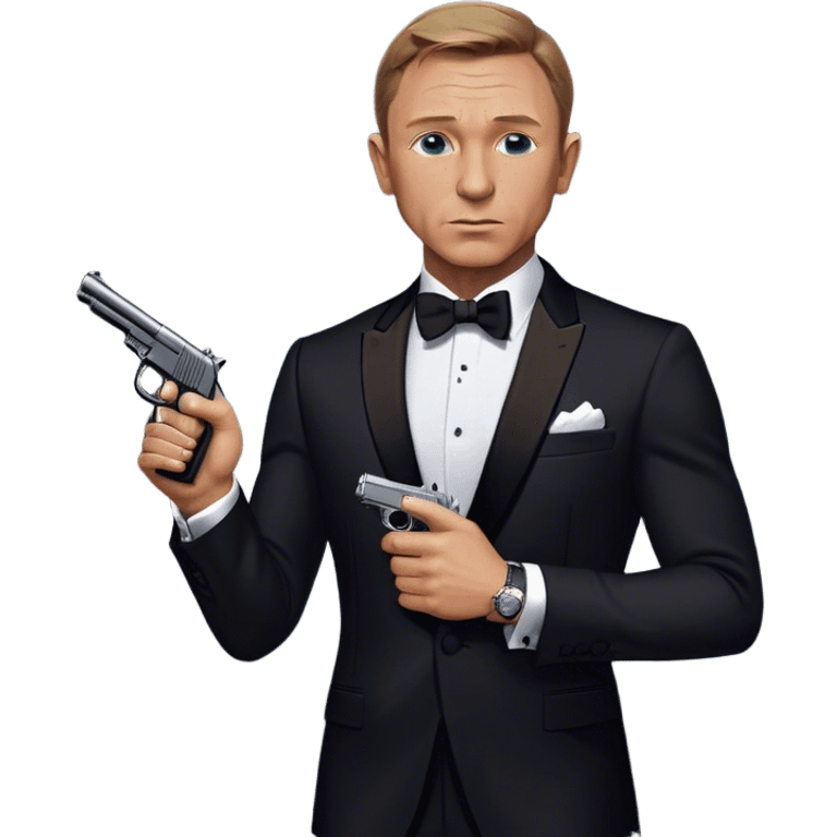 Cinematic Realistic James Bond Daniel Craig Portrait Emoji, depicted as the ultimate suave and enigmatic secret agent, donning a sharply tailored tuxedo, gripping a sleek handgun, with a piercing gaze that exudes confidence and danger. The scene is infused with moody, high-contrast cinematic lighting, evoking the thrilling world of espionage and intrigue. emoji