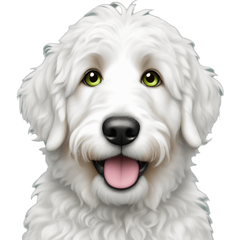 white bernedoodle with green spotted eyes emoji