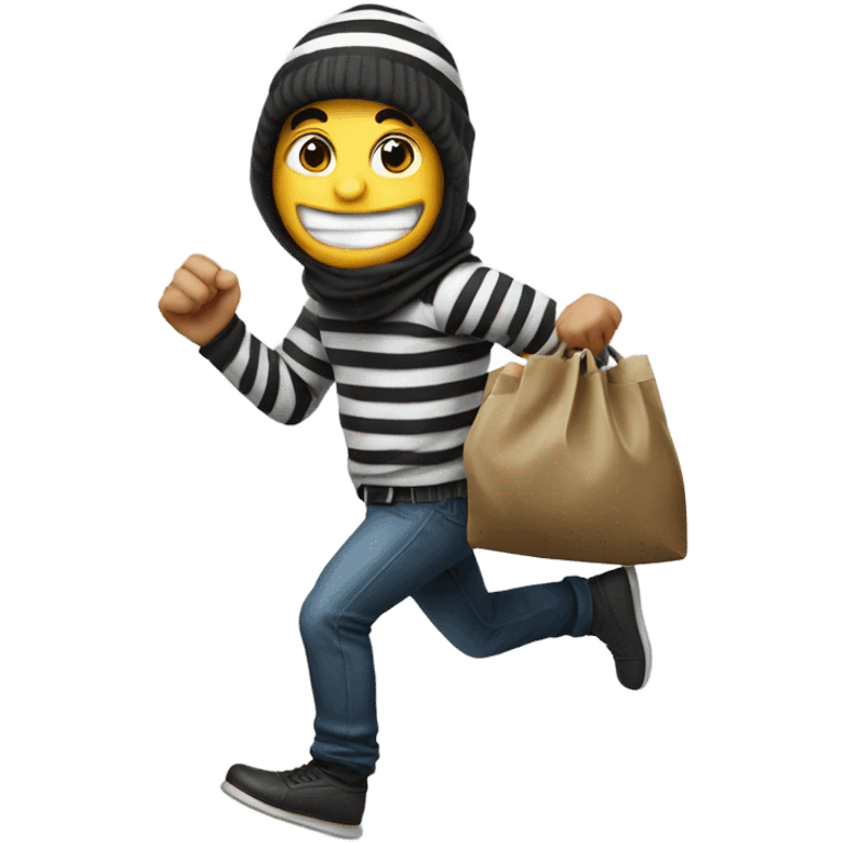 A robber looking left running with a bag full of money with money falling out, he also has a striped shirt with a striped beanie emoji