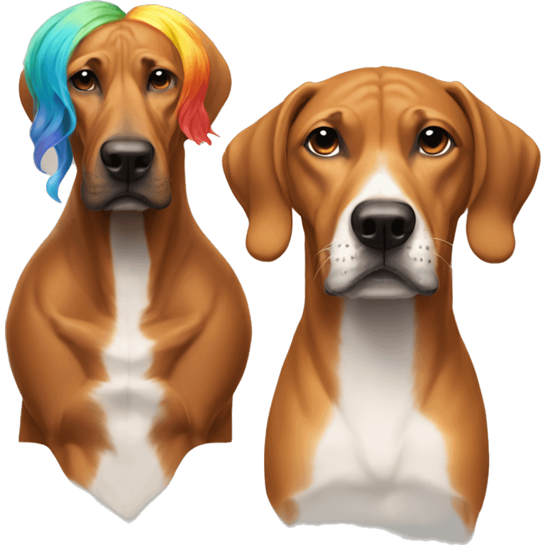 white man with long rainbow colored hair and twisted mustache next to a brown rhodesian ridgeback emoji