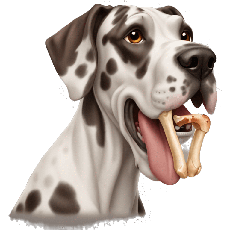 Great Dane spotted with brownish red color holding bone in mouth emoji