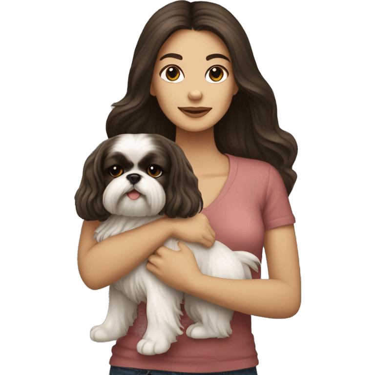 Young dark brunette hair woman with a golden shih tzu in her arms long hair emoji