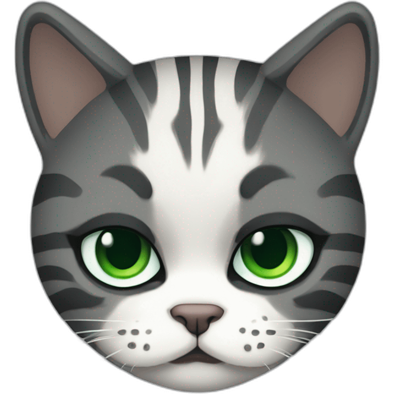 Grumpy Chubby Striped dark grey female cat with Green eyes and white chest emoji