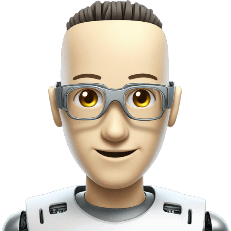 Robotic Cyborg head with fair skin, flat top haircut, rectangular glasses, circuits and smiling  emoji