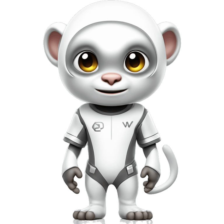 a 3d rendering of a full body shot of a cute white capucin monkey wearing a t shirt with a letter 'W' on it and a futuristic platinum helmet also with a letter 'W' on it, smiling and being cute to the camera, his style is futuristic y2k, he's standing up emoji