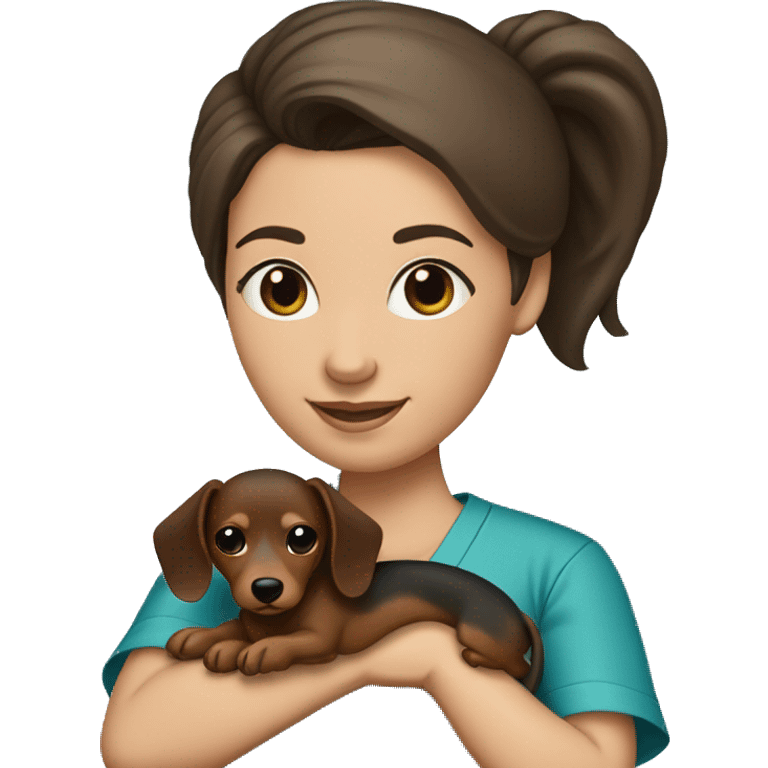 Brunette woman with a top knot wearing scrubs holding a dachshund in her arms emoji