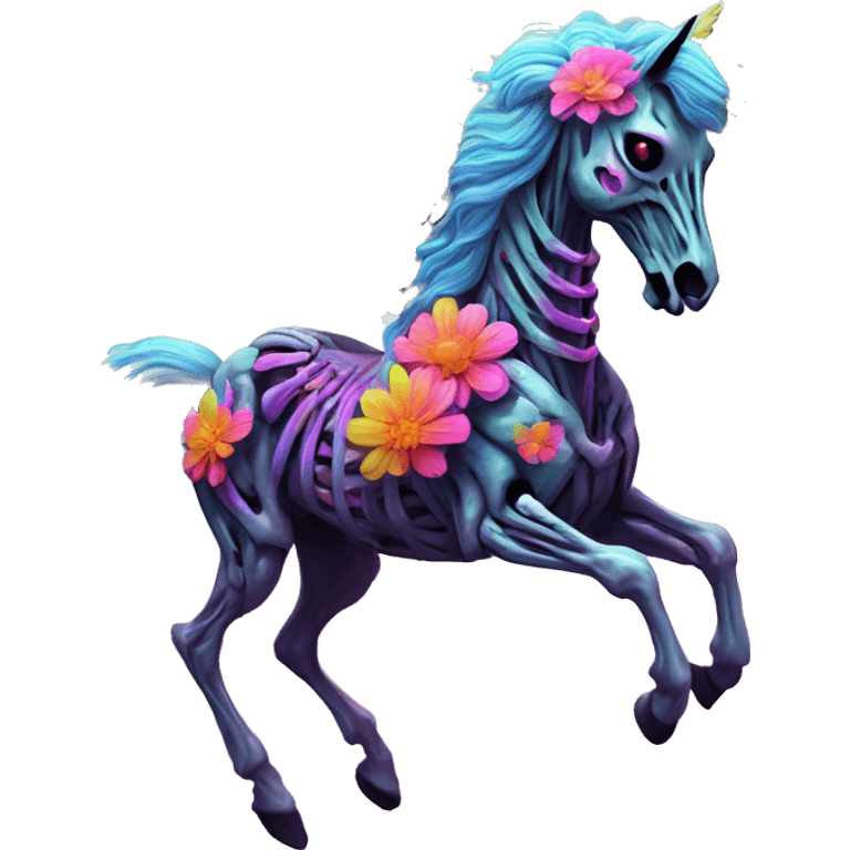 Neon Zombie Pegasus unicorn skeleton psychedelic flowers floral groovy art neon rave raving emoji