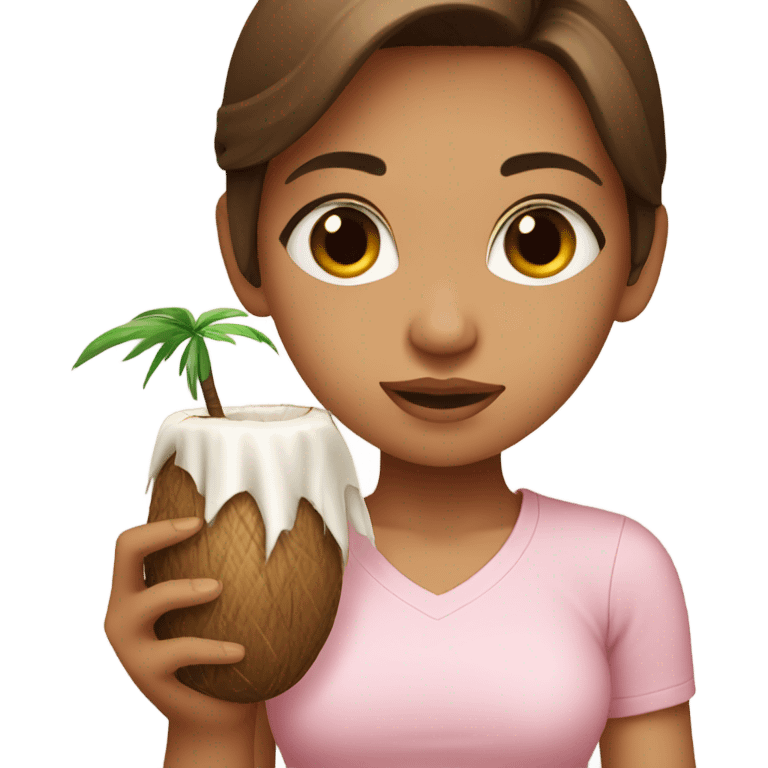 Brown haired girl with brown eyes wearing a light pink shirt drinking out of a coconut emoji