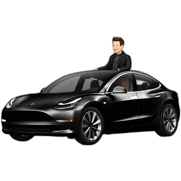 small Nikola Tesla and Elon Musk riding an all black Tesla Model 3, smilling, side view emoji