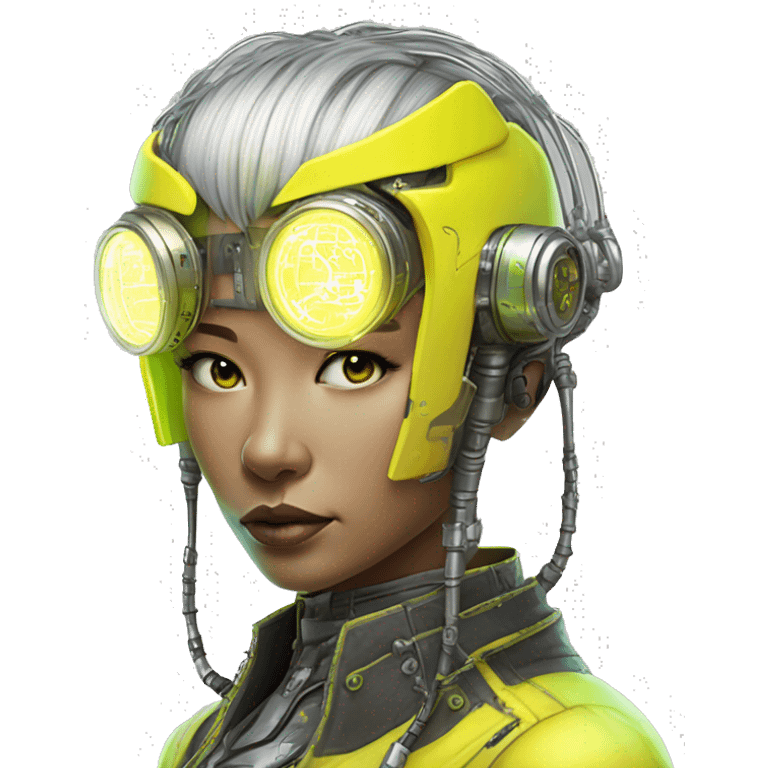 Neon yellow bobbed hair Asian female cyborg head with silver steampunk goggles and circuits emoji