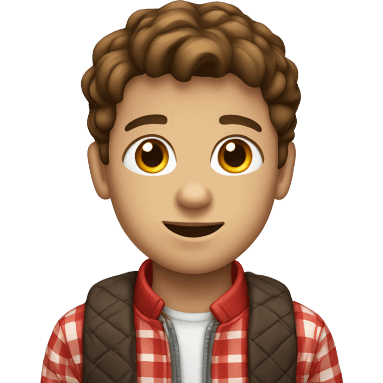 A brown haired kid wearing a red checkered jacket and has braces and also is American emoji