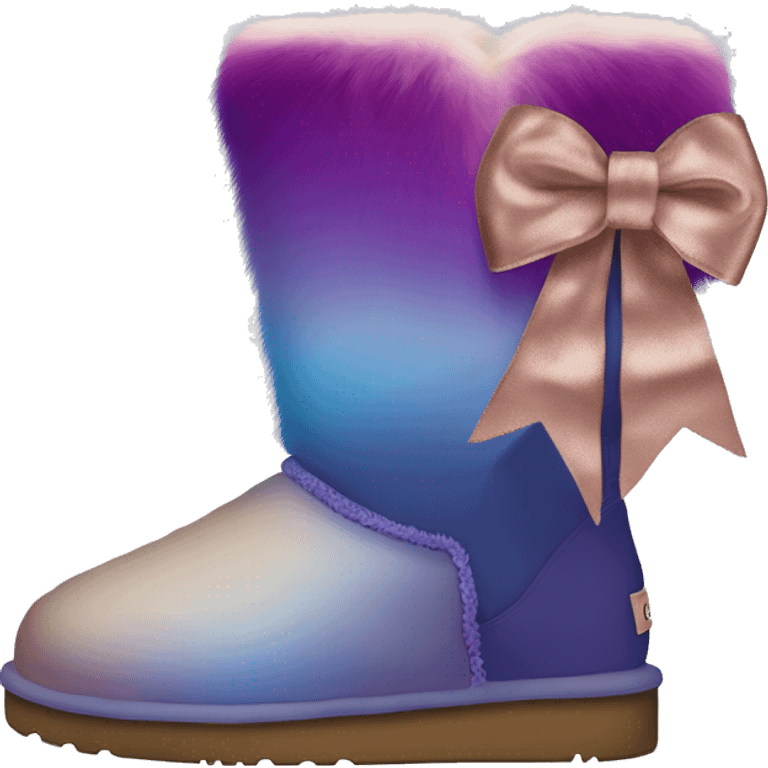 Realistic pair of blue ,purple,taupe and rose gold ombre Ugg fur boots with silk ribbon bows. emoji