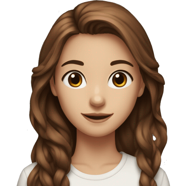 20 year old girl, dark blue eyes, long brown hair out, smiling,  emoji