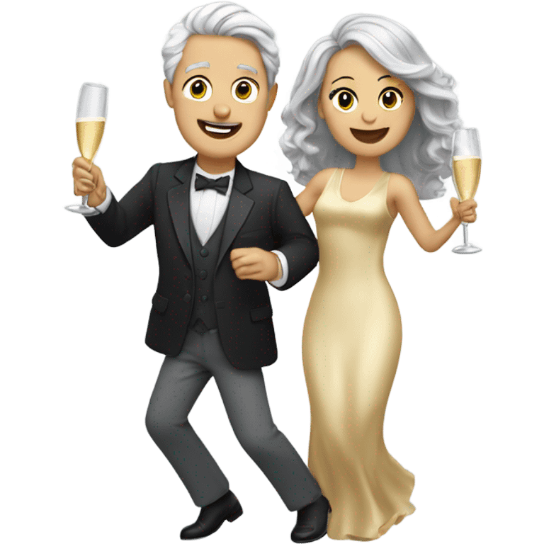 a boy with gray hair and a woman with long blond wavy hair dancing with a glass of champagne emoji