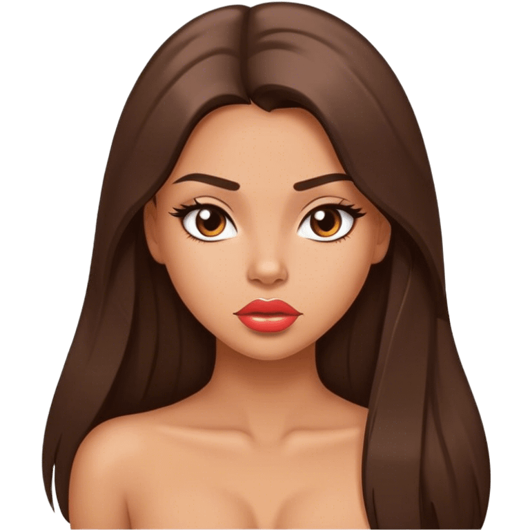 Sexy tanned beautiful happy girl with pouty lips and brunette straight long hair emoji