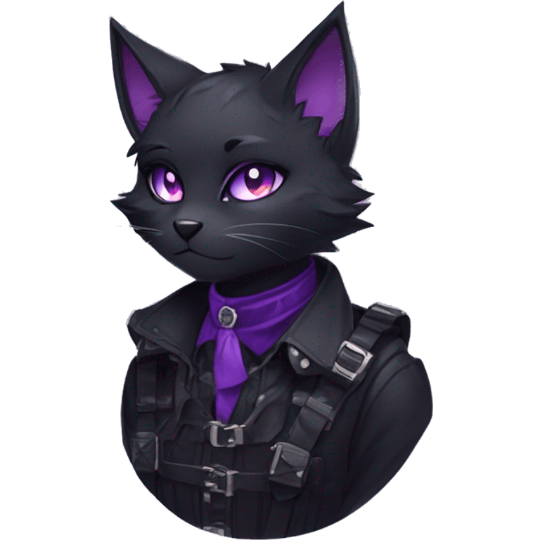 Gorgeous furry gothic dark techwear anime style anthro black cat furry sona Fakemon with blushing face aesthetic and pretty edgy black with violet collar and harness trending style emoji