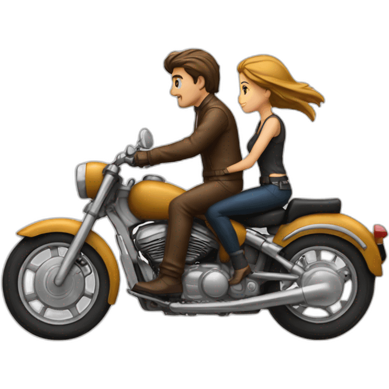 Motorcicle with a Man driving and a girl behind emoji