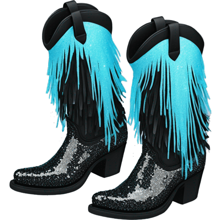 Realistic pastel blue to black ombre pair of fashion cowgirl boots with sparkly shiny glitter fringe on them. emoji