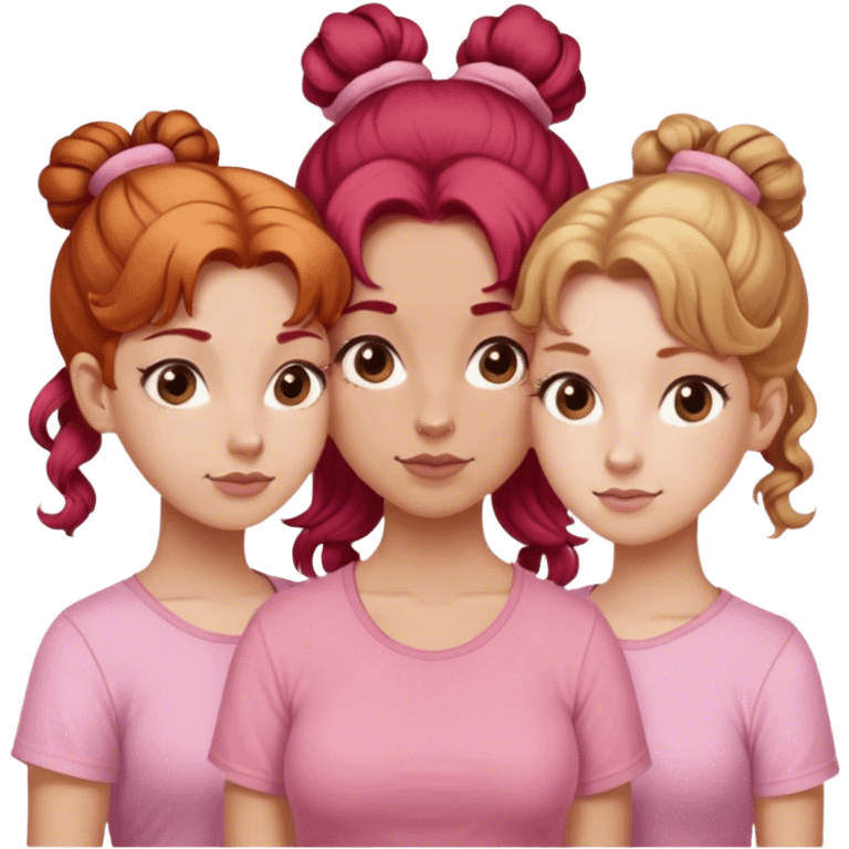 Three sisters one of them have red hair with buns. One of them have dirty blonde hair with ponytail. One of them have white curls with light brown hair hair and they are all wearing pink shirts emoji