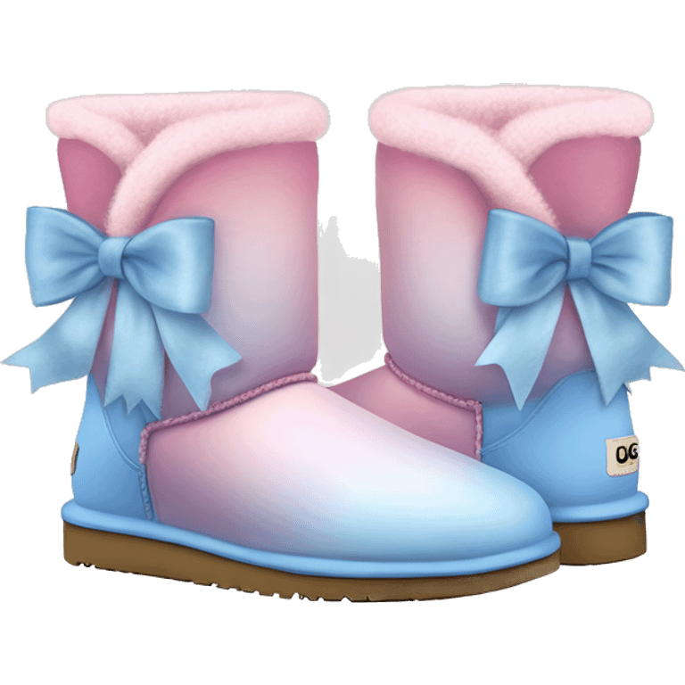 Realistic pair of pastel pink to pastel blue ombre fur Ugg boots with silk ribbon bows. emoji