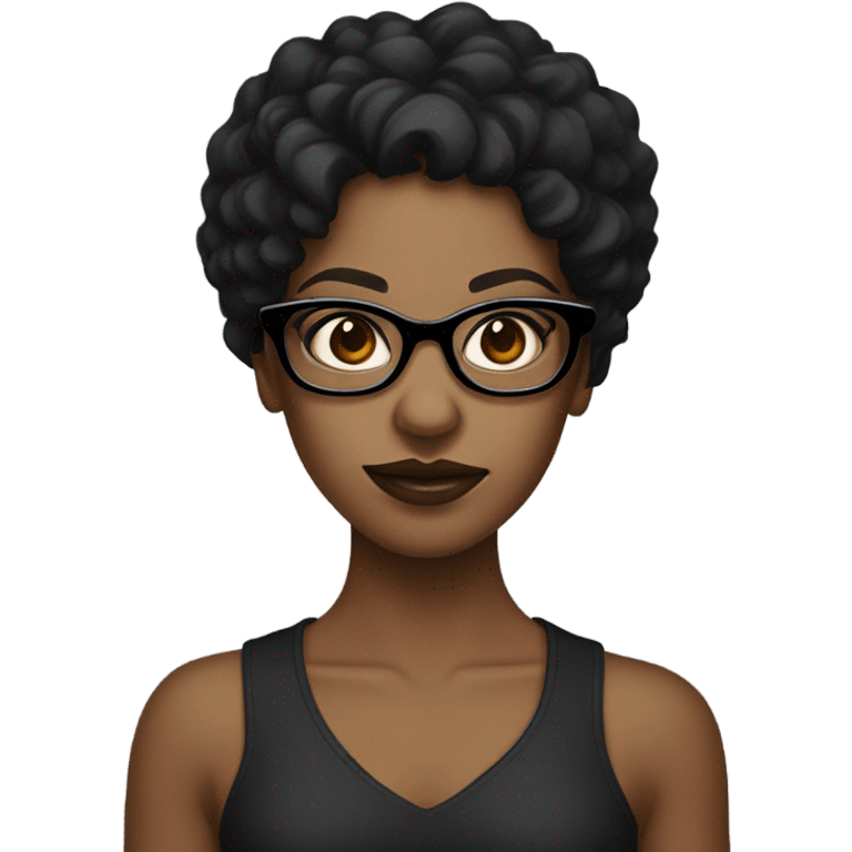 Brown girl with black curly hair with square black glasses, with dark brown eyes, in the shape of a zombie emoji