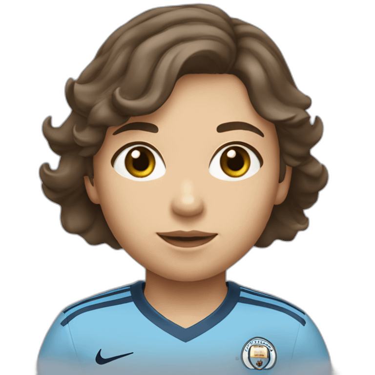 girl with short wavey brown hair and eyes wearing Manchester City football shirt emoji