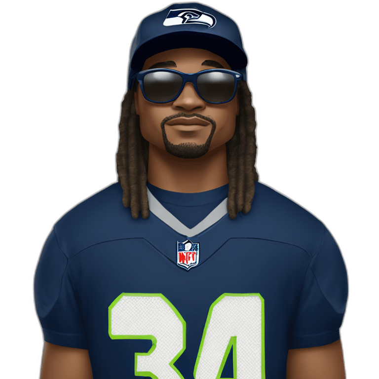 marshawn lynch in a seattle seahawks jersey wearing sunglasses and a baseball cap saying I'm just here so I dont get fined emoji