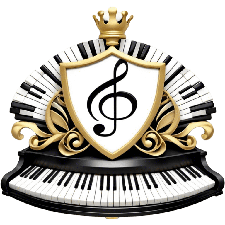 Create an elegant and festive emoji collage representing keyboard instruments, styled like a heraldic emblem. The design should feature a central focal point of black and white piano keys, arranged in a semi-circular or shield-like shape. Around the piano keys, add intertwining musical notes that form flowing ribbons, creating a dynamic and celebratory atmosphere. The design should be professional, with polished silver and gold accents on the keys and notes, highlighting the luxury and sophistication of the instruments. Add subtle shading and lighting effects to give the design a refined, 3D appearance. The background should remain transparent, and the overall feel should evoke grandeur, artistry, and a sense of celebration. emoji