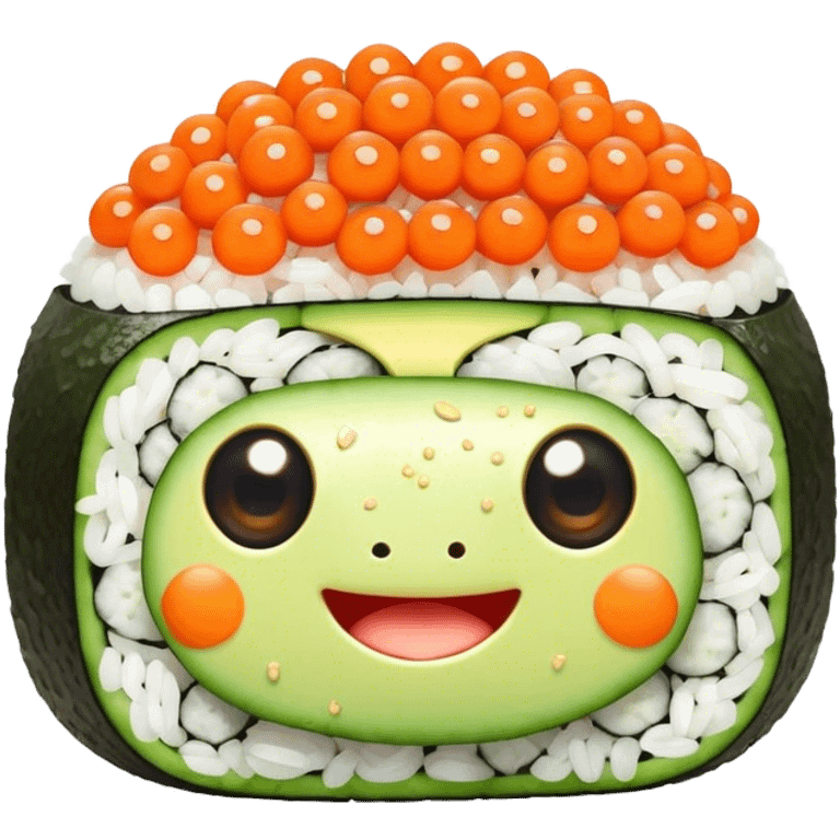 Cute Kawaii California Roll, tiny and round, cute layers of avocado, crab, and cucumber, wrapped in bright orange fish roe, a joyful winking face, tiny sesame seed freckles! emoji