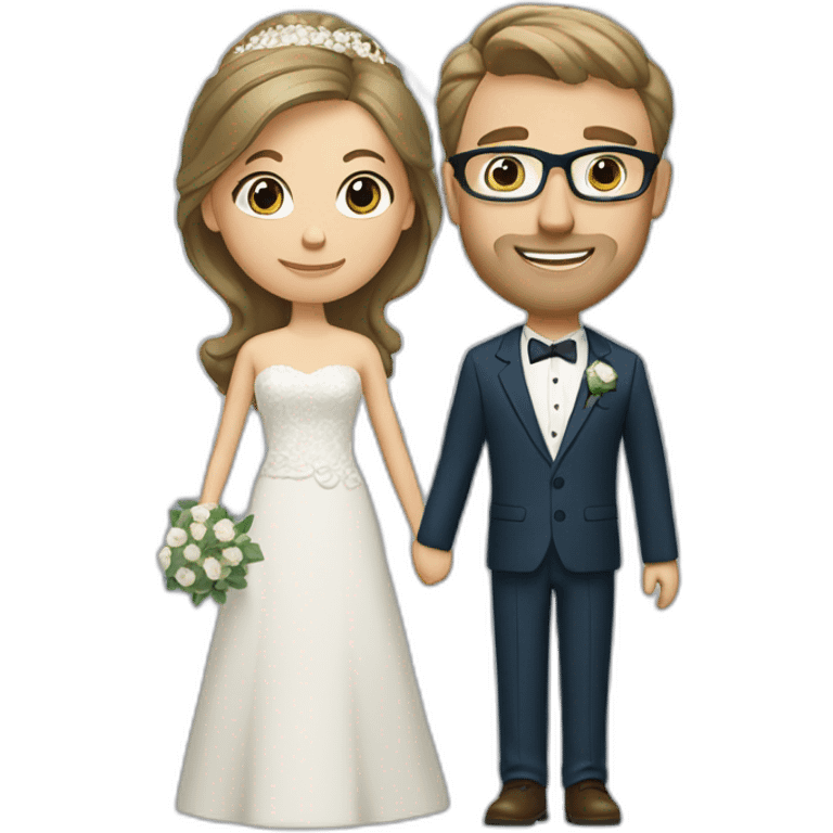 Wedding couple. Bride has brown hair pinned up. She wears lace dress. She has blue eyes. Groom has olive green suit and brown vest. He has blond hair. He wears glasses. He has blue eyes too. emoji