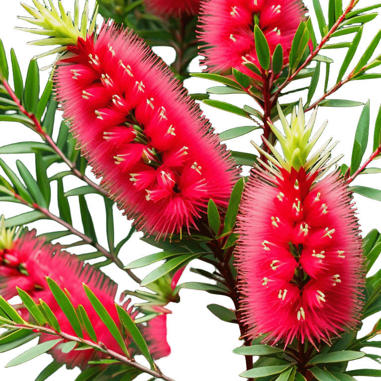 Cinematic Realistic Callistemon Emoji, Vibrant and striking, with spiky red flowers resembling a bottlebrush. The slender leaves create a fine backdrop to the bold blooms, while the plant exudes energy and vitality. Soft glowing outline, capturing the essence of strength, color, and natural beauty in a brilliant callistemon tree! emoji