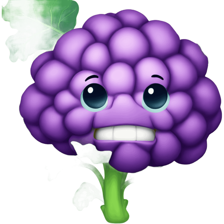  Cheerful purple cauliflower with vibrant green leaves, a cute face with big expressive eyes and a friendly smile, styled in a cartoonish and playful design. emoji