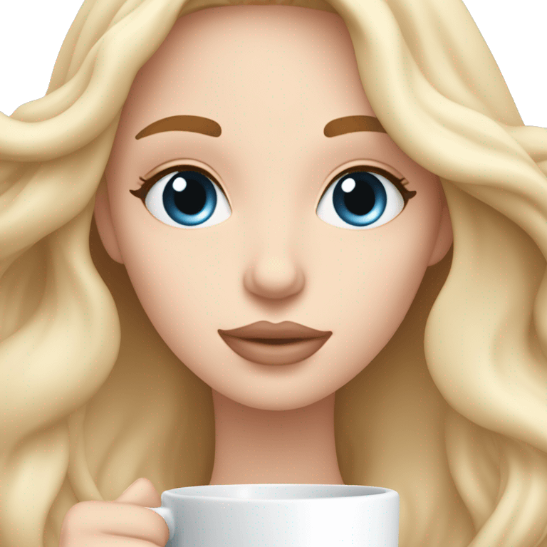 Blonde girl with long wavy hair in a light pink blanket sipping coffee eyes closed white skin blue eyes and soft natural makeup emoji