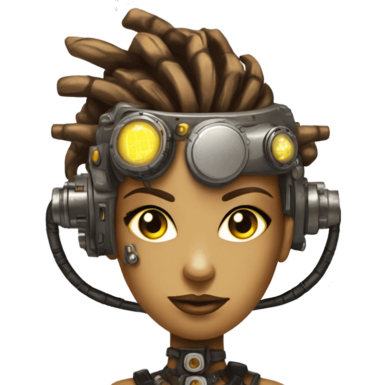 Brown with yellow streaks Mohawk hair female cyborg head, tan skin, steampunk goggles and circuits emoji