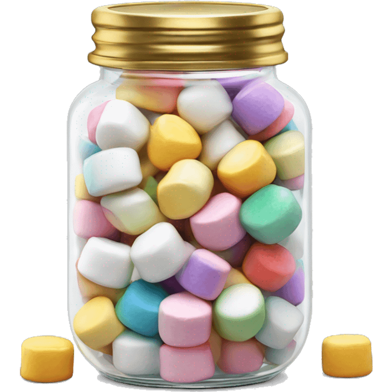 Realistic colorful marshmallows in a glass jar with a gold screw on lid on the top. emoji