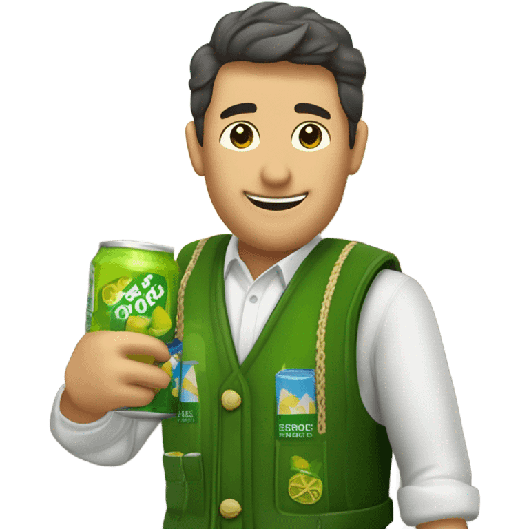 un vendedor con un palo de ciego, un chaleco verde, y tiras de cupones en el chaleco, bebiendose una cerveza emoji