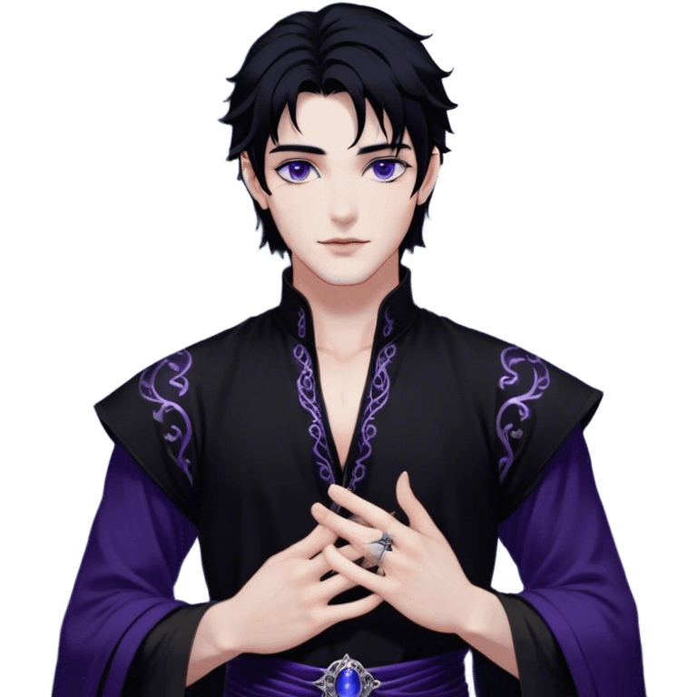 A strikingly handsome High Fae male with midnight-black hair, piercing violet eyes that glow under the moonlight. His lips curve into a knowing smirk, revealing a dangerous charm. He wears an elegant black tunic with silver embroidery, the fabric flowing like liquid shadow. A silver ring glints on his long fingers, and faint wisps of darkness swirl around his shoulders like living mist emoji