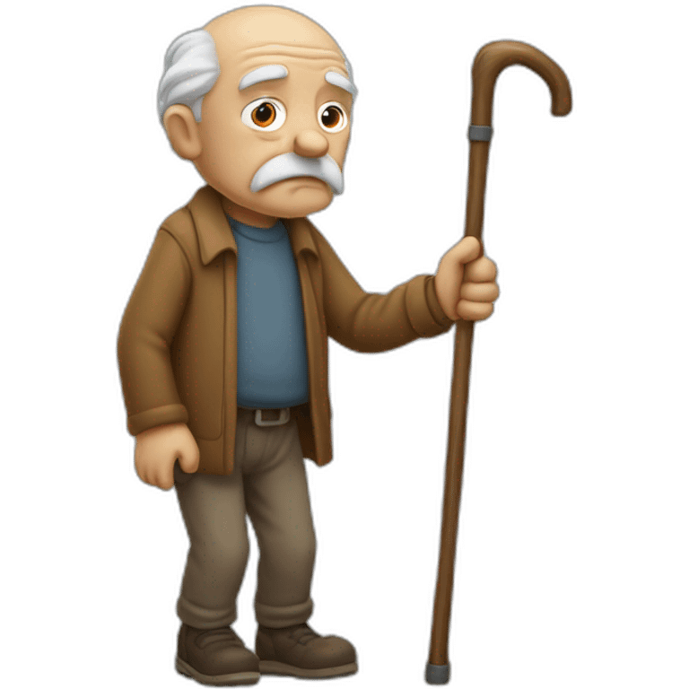 Old man leaning on a walking cane and holding his back with his hand grumpy face, detailed emoji