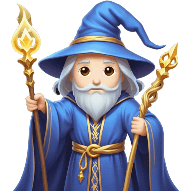 Clash of Clans aesthetic: Cinematic heroic powerful Wizard Hero Emoji, rendered in a 3D vector-style similar to standard emojis with minimal shading and bold, simplified shapes. A compact, isometric figure draped in flowing enchanted robes and wielding a mystical staff, softly glowing with an arcane magical charm. Simplified yet unmistakably iconic, highly detailed and consistent, glowing with a soft radiant glow and high shine. Stylized with a touch of whimsical sorcery and a soft glowing outline, capturing the essence of a powerful wizard ready to cast spells with a friendly, playful spirit! emoji