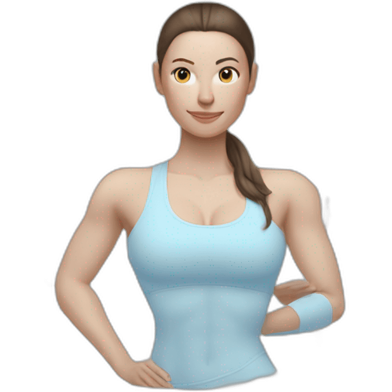 Pale skinned fit woman In a light blue tight yoga suit and wristbands With dark brown hair in a ponytail doing yoga emoji