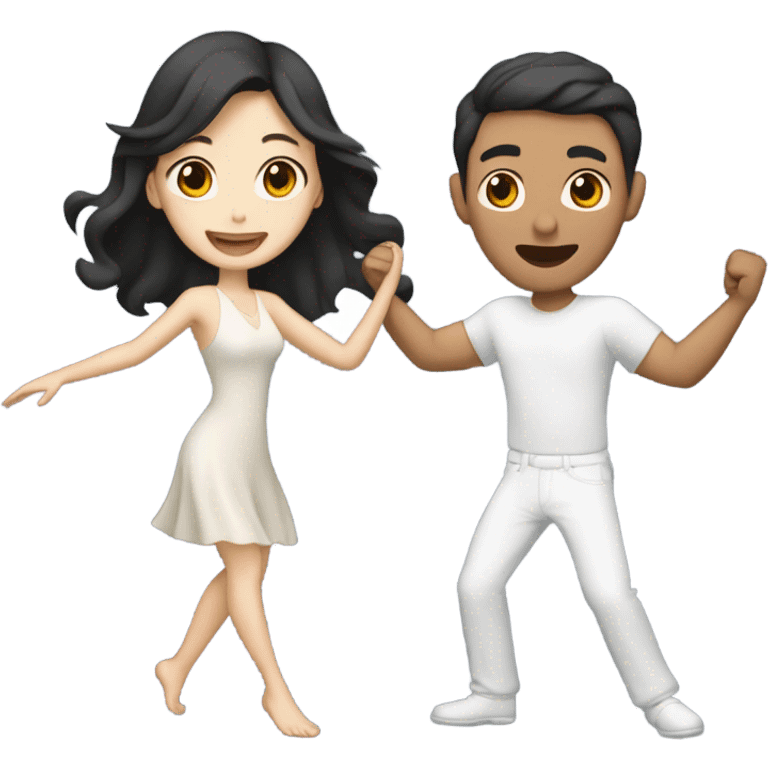 A pale half Asian man with short dark hair and white woman with long wavy brunette hair dancing together emoji