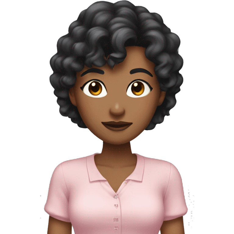 woman with long black curly hair and bangs and dark brown eyes, wearing a pastel pink blouse emoji