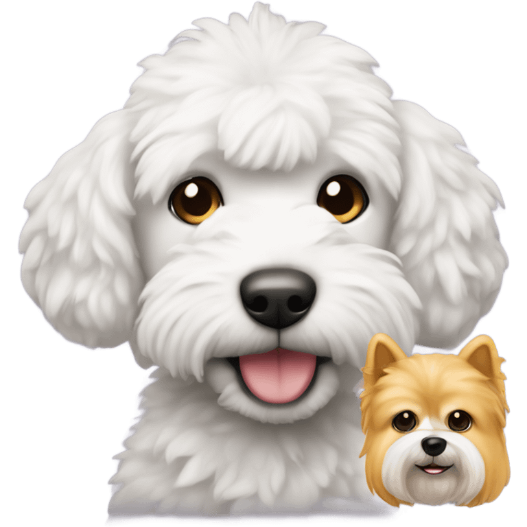 perro caniche blanco con un peluche emoji